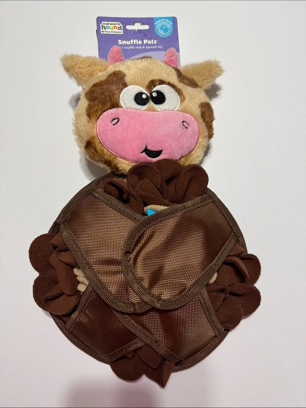 Outward Hound Plush Cow Snuffle Toy in Brown & Pink
